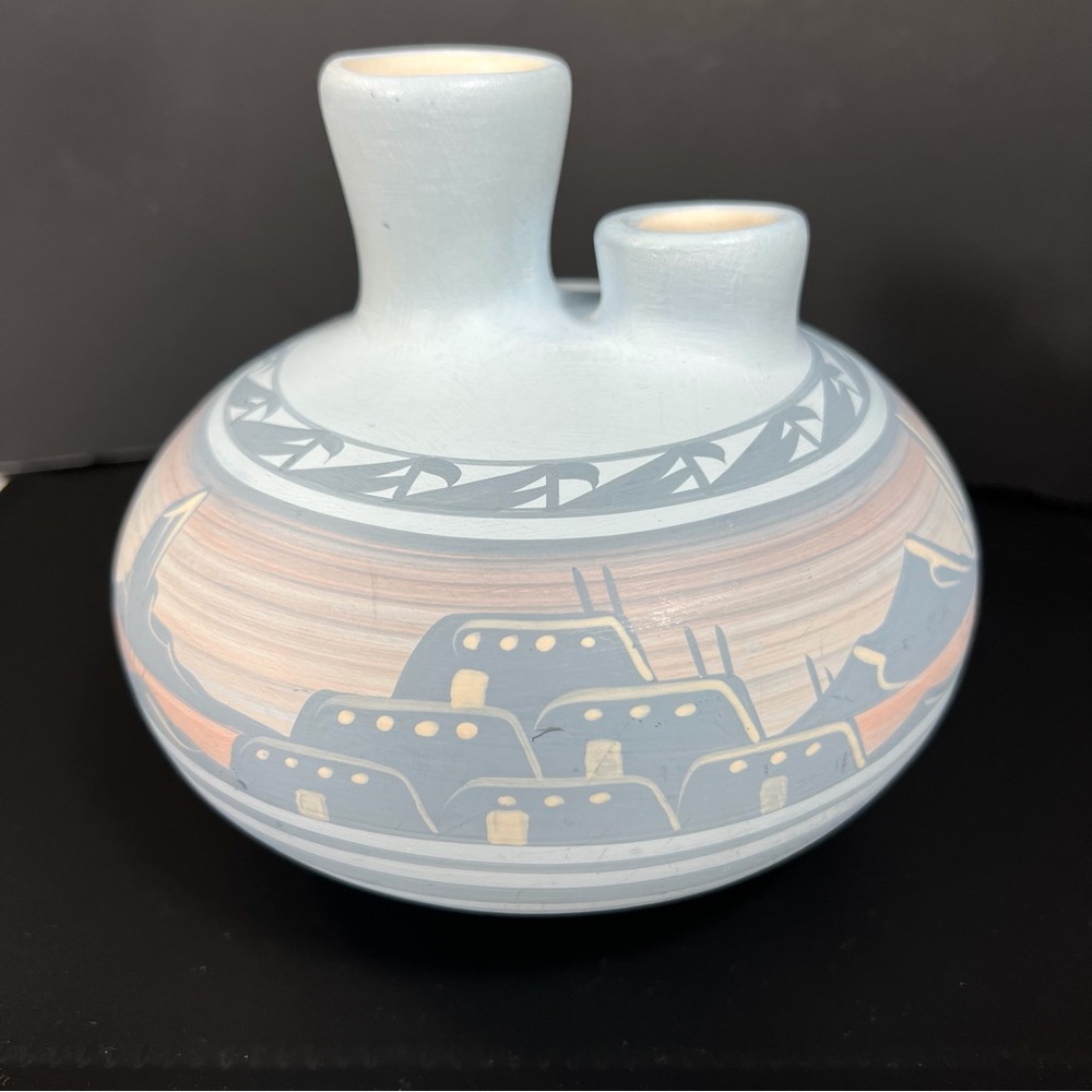 Southwestern Double Spout Wedding Vase Pastel Pueblo Desert Scene Pottery Decor